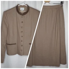 Handmacher Skirt Blazer Set 60s Vtg Brown Wool Button Mandarin Pocket Old Money