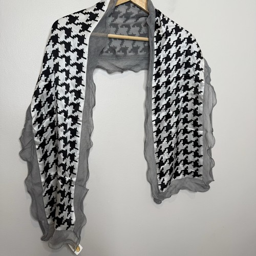 NWT Talbots Houndstooth Black & White Silk Ruffled Rectangle Scarf - Picture 2 of 6