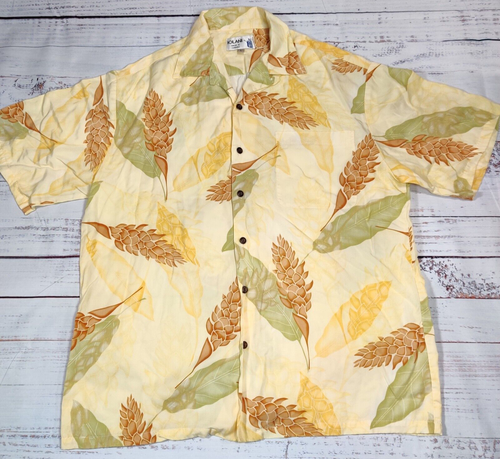 Iolani Mens Short Sleeve Hawaiian Shirt Sz L Yellow Floral 100% Tencel Collared