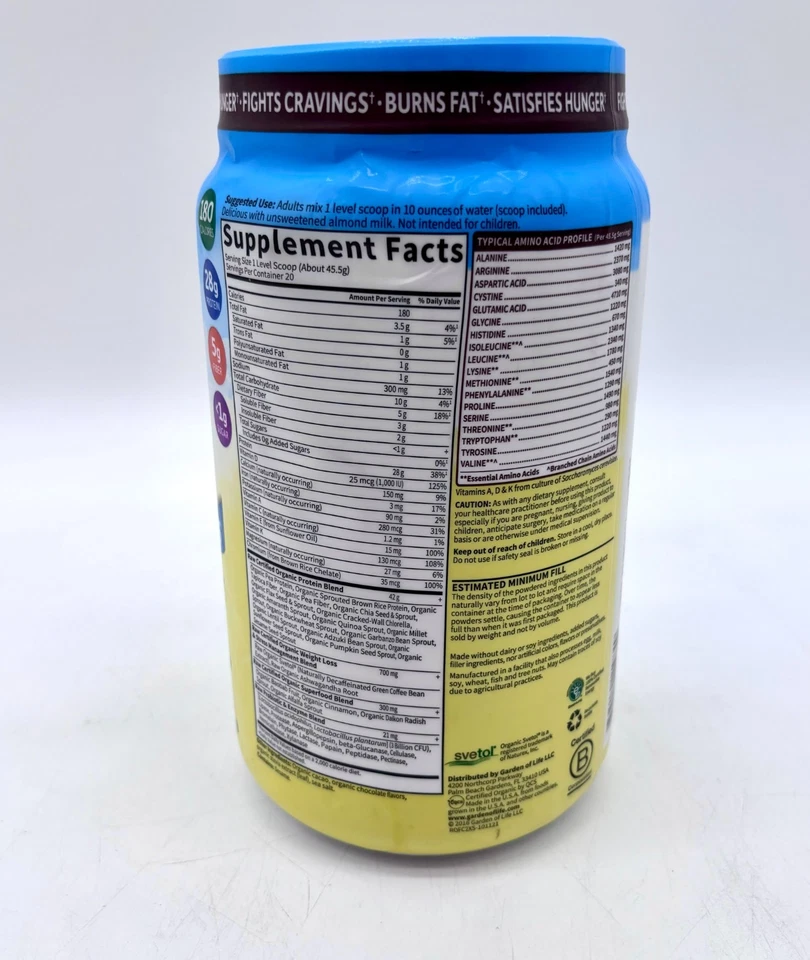 NUEVO Garden Of Life Crudo Orgánico Ajuste Alto en Proteínas para Bajar de Peso - Chocolate Foto 2 de 4