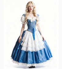 Maid Blue Evening Dresses With Apron Short Sleeve Tea Length Costume Prom Gowns