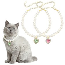 Cat Dog Pearl Collar Small Heart Shape M Pink/Green 2Pcs