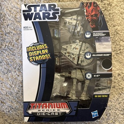 Star Wars Titanium Series 3-Pack (Snowspeeder, Millenium Falcon, AT-AT) in box