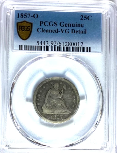 1857 O 25c Seated Liberty Silver Quarter Dollar New Orleans PCGS VG Details