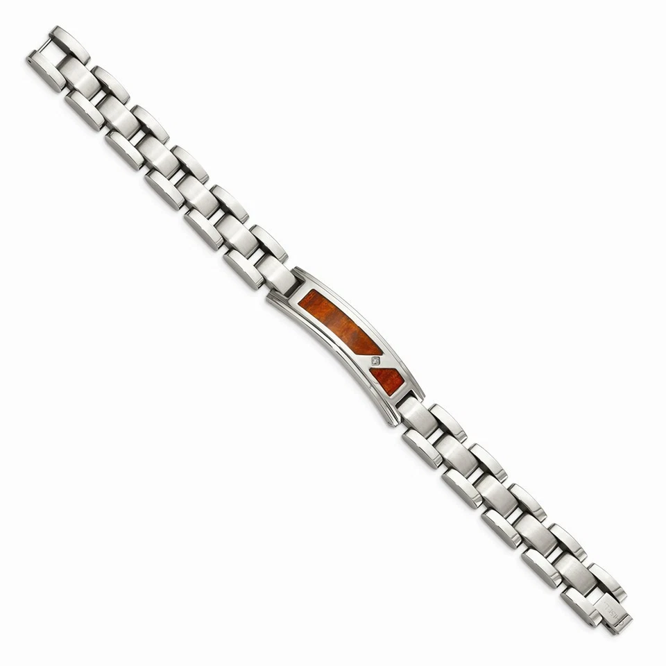 Mens 8.5" Stainless Steel Brushed & Polished w/ Wood Inlay and CZ Bracelet - Image 3 of 4