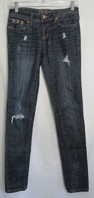 Grace in LA Dark Wash Embroidered Skinny Blue Jeans Size 26 EUC