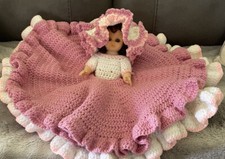 VINTAGE HAND CROCHETED BED PILLOW 13 " DOLL W/PINK  WHITE DRESS Bonnet