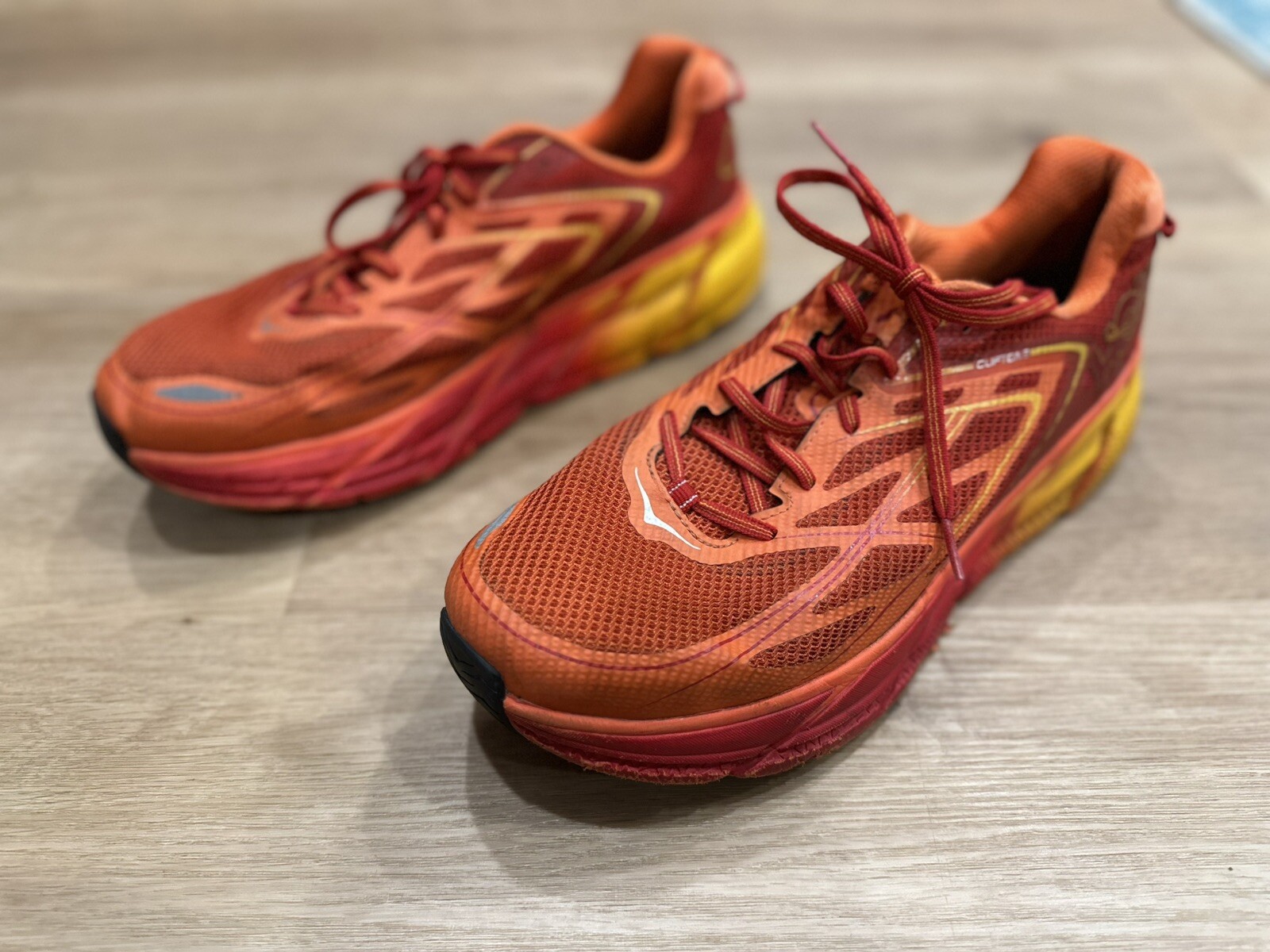 Hoka One One Clifton 3 Mens 12 Shoes Red Orange Running Sneaker Gym Walking