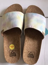 WOMEN'S REEF WATERCOLOR CORK CUSHION SCOUT SLIDE ON BEACH SANDALS SIZE 9 NWT
