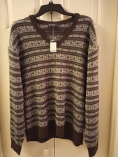 Daniel Cremieux Mens V-Neck Fine MERINO Wool Brown Print Sweater XL was 125 NWT