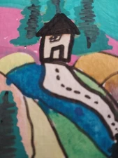 ATC ACEO Acrylic Painting IMPRESSIONISM Colorful Whimsical House on a Hill - GAT