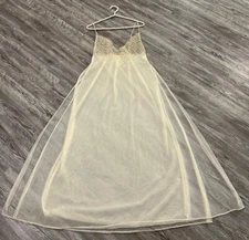 VTG 70’s VAL MODE Women’s Beige Sheered High Side Slits Maxi Negligee Gown S