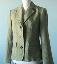 LL Bean Size S Pet Equestrian 3 Button Linen Silk Green Tweed Blazer Jacket