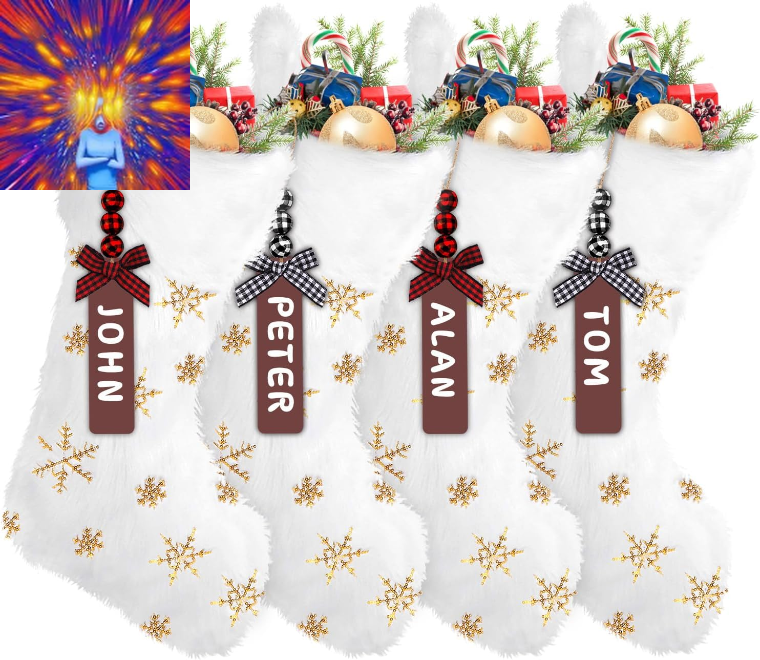 4 Pack Christmas Stockings, 18 Inch Large Faux Fur Sequin Snowflake Christmas St