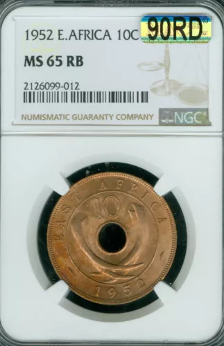 1952 EAST AFRICA 10 CENTS NGC MS65 RB MAC  90RD 2ND FINEST GRADE *