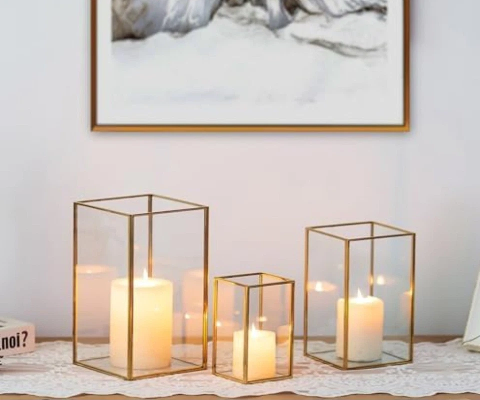 Metal Frame Glass Hurricane Candle Holder / Box. 15x15x30CM Height WeddingTable - Image 3 of 4
