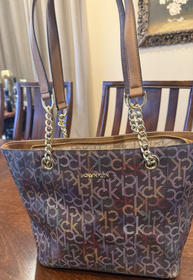 Calvin Klein CK Monogram /multicolor Medium Tote Bag Gold Chain Straps Zip Top