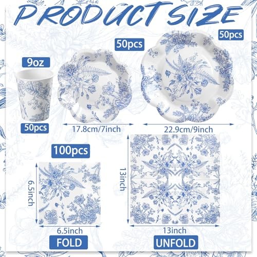  250 Pcs Blue Floral Disposable Plates and Napkins Blue and White Classic - Bild 3 von 7