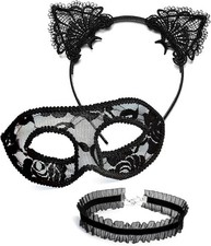 Black Cat Costume Accessory Set Lace Mask Ears Choker for Women 3 Pc