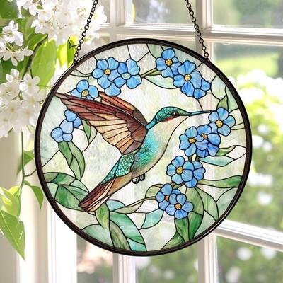 Hummingbird Forget Me Not Stained Glass Suncatcher, Window Hanging