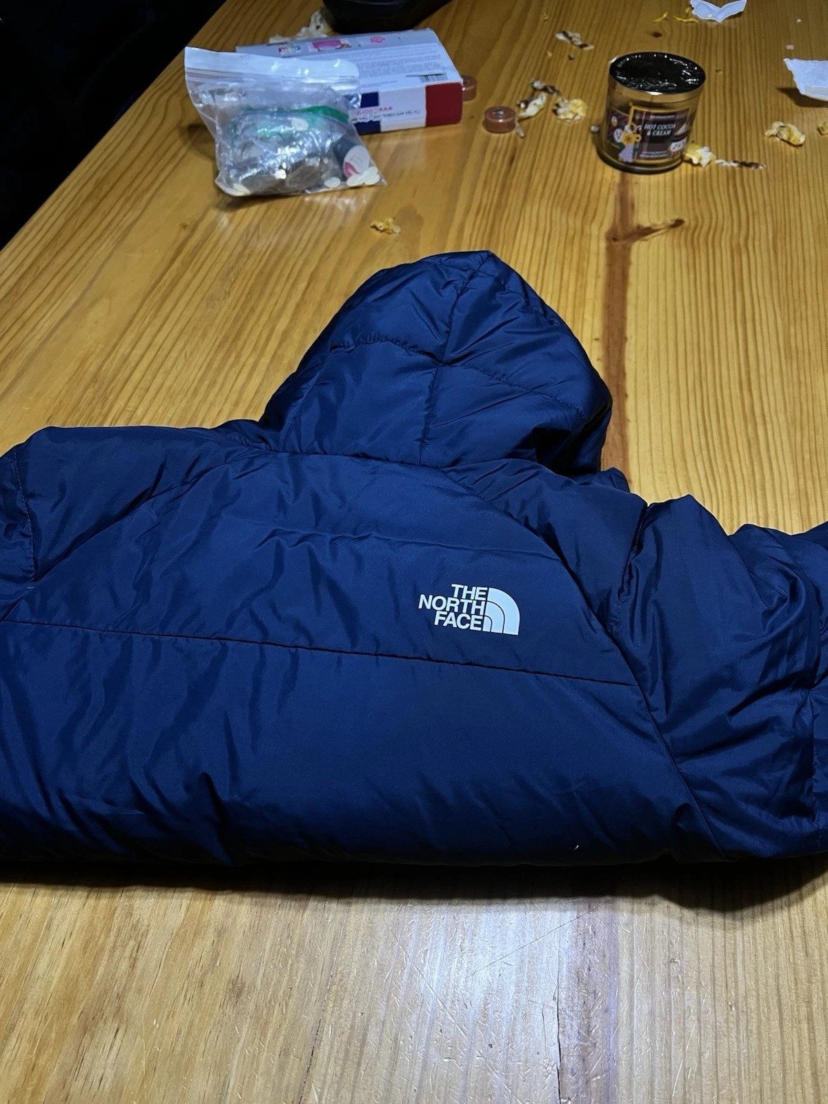 The North Face Boys Navy Blue Hooded Puffer Zip Jacket 12 Pockets Logo