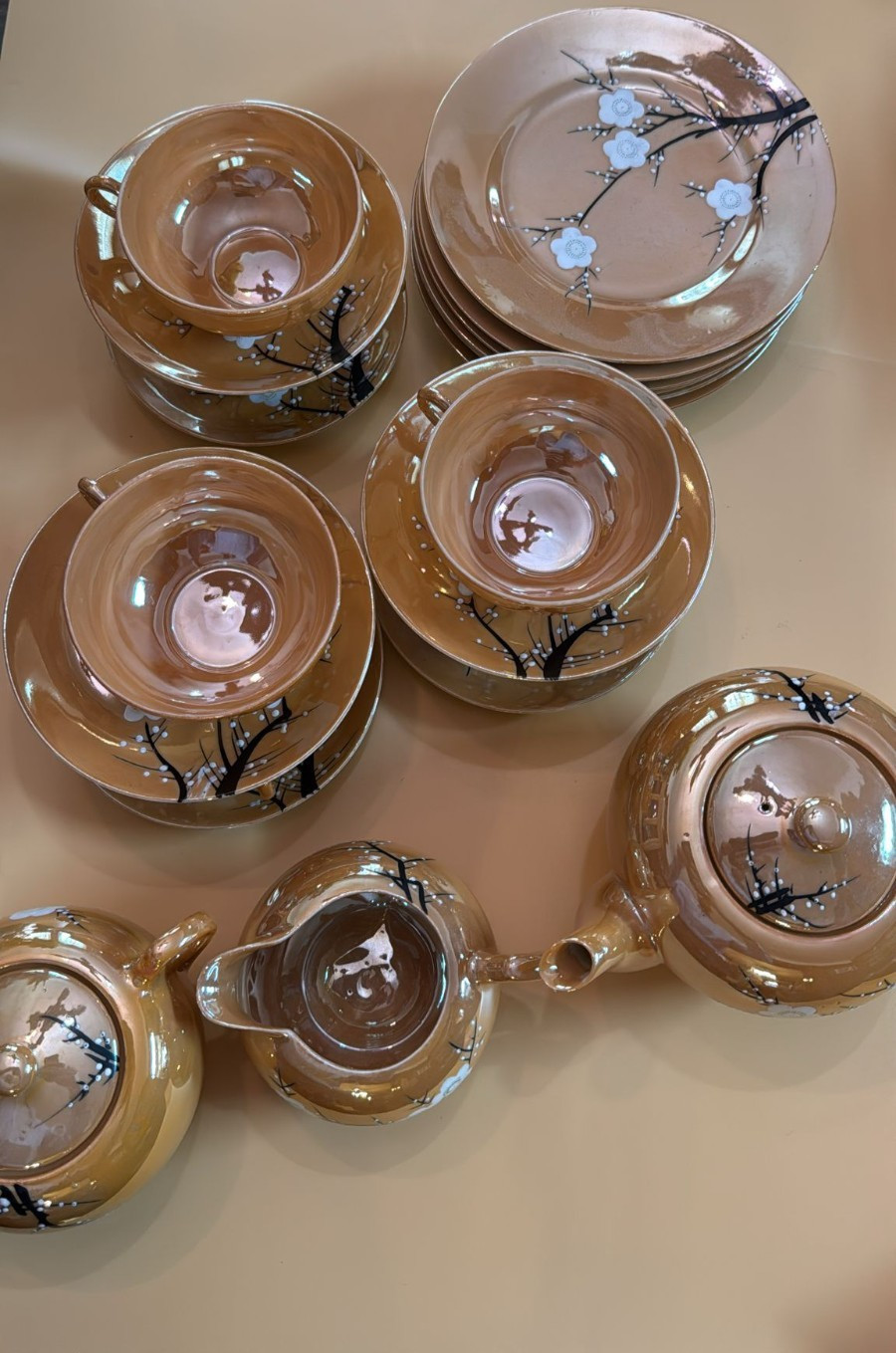 Vintage TA Japan Lusterware Tea Set Cherry Blossom Service for 6 Gold Peach Pink