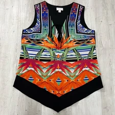 Bisou Bisou Sleeveless V-Neck Tropical Flowy Tiered Ruffle Blouse Medium 