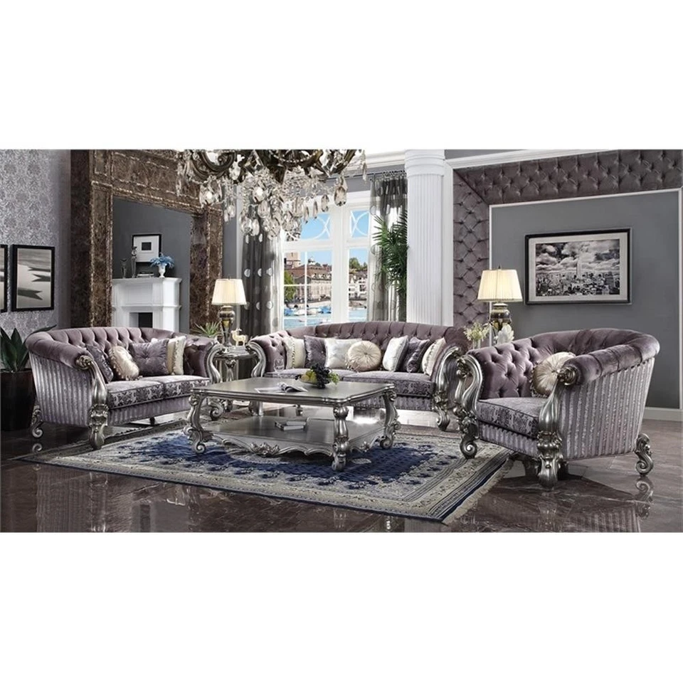 Sofá loveseat Acme Versailles con 5 almohadas en terciopelo y platino antiguo Foto 2 de 2