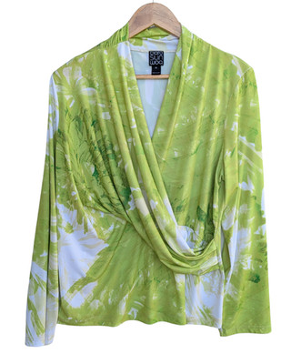 Clara Sunwoo V-Neck Draped Pleat Top Floral Citrus Lime White Size 1X