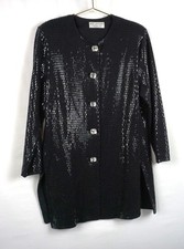 ST JOHN EVENING BLACK PAILLETTE LONG KNIT JACKET WITH LUXE CRYSTAL BUTTON SZ 12