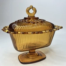 Vtg Amber Indiana Glass Lace Edge Pedestal Covered Candy Dish 7.5 x 6.5" w/Lid