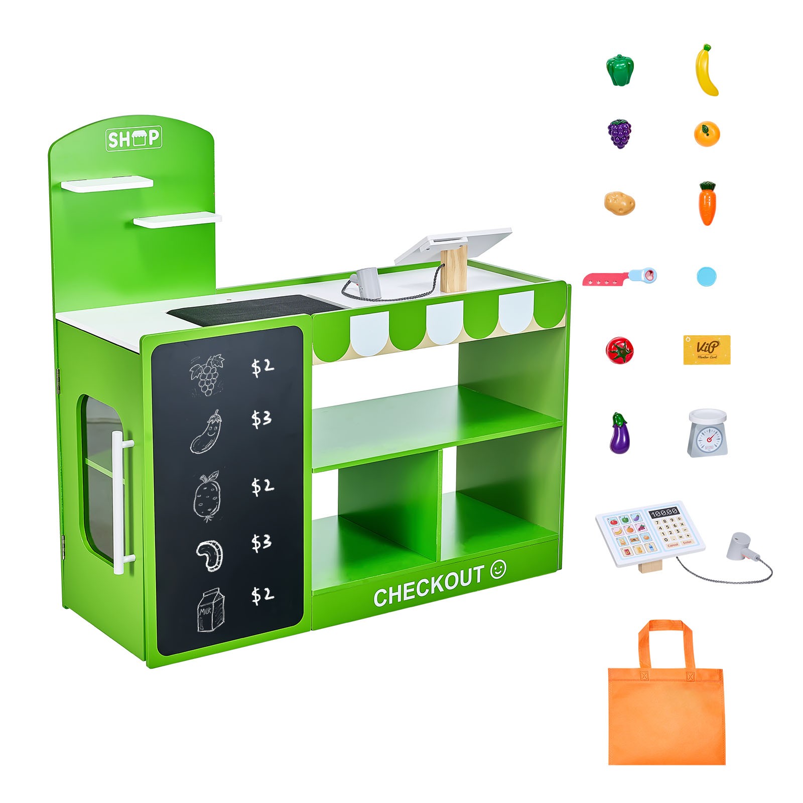 как выглядит VEVOR Kids Grocery Store Playset Wooden Play Market Stand with Cash Register фото