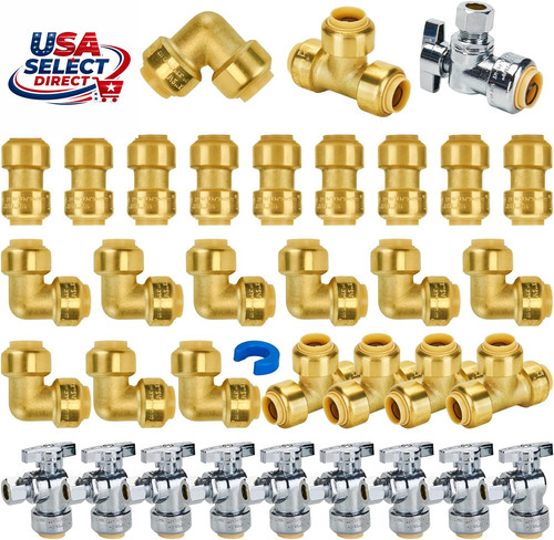 Push Plumbing Fitting Kit 1/2 Inch, 35 PCS Brass Connectors