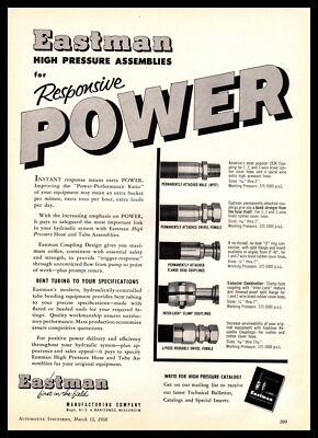#ad 1958 Eastman Mfg Manitowoc Wisconsin High Pressure Hose Tube Assemblies Print Ad $14.95