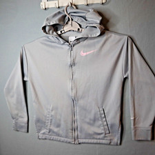 Nike Therma Fit Hoodie Girls Large Gray Pullover Pink Swoosh Logo Sweatshirt