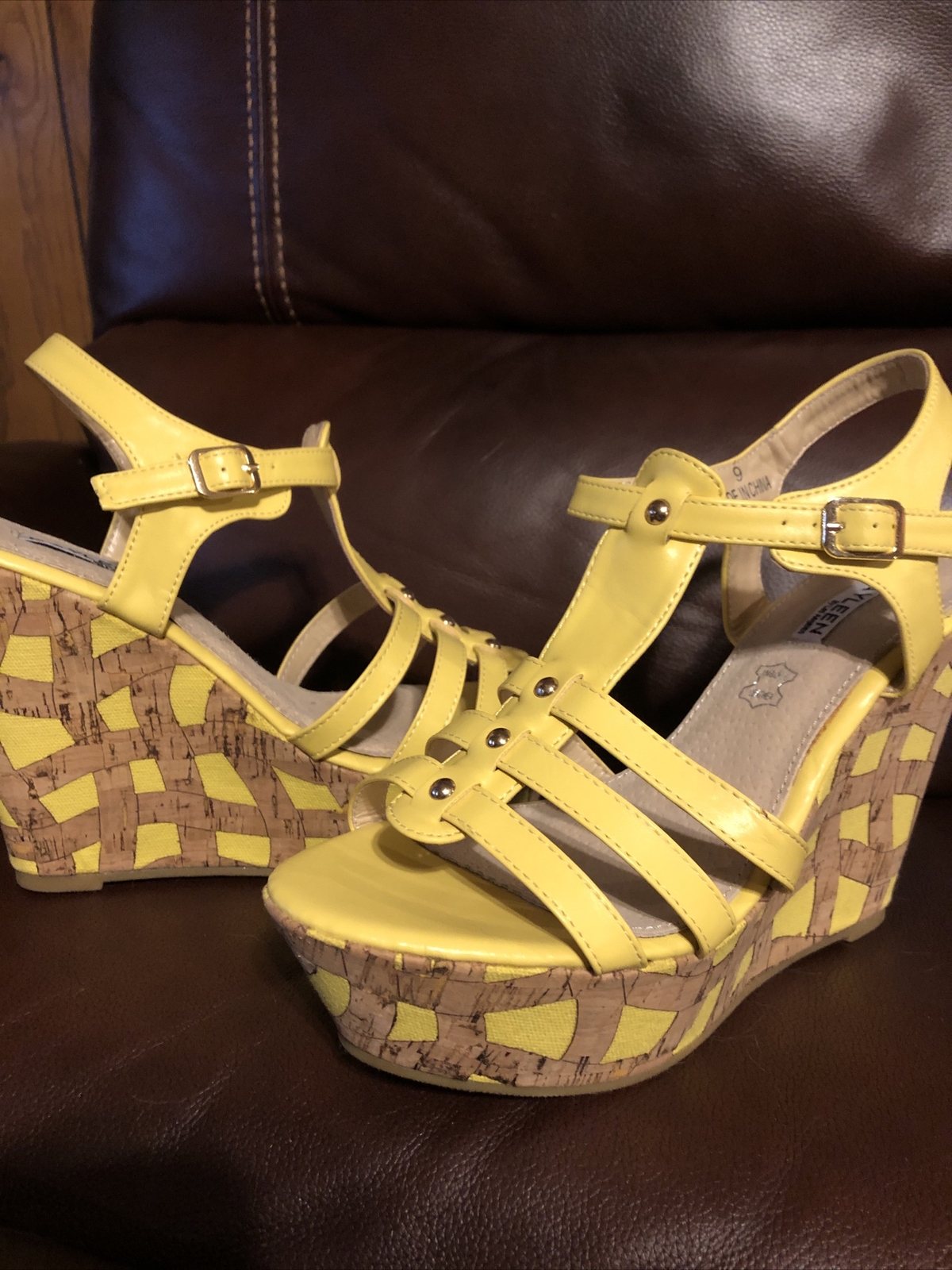 MODCLOTH KAYLEEN BY LOS ANGELES YELLOW CORK T STRAP WEDGE PLATFORM