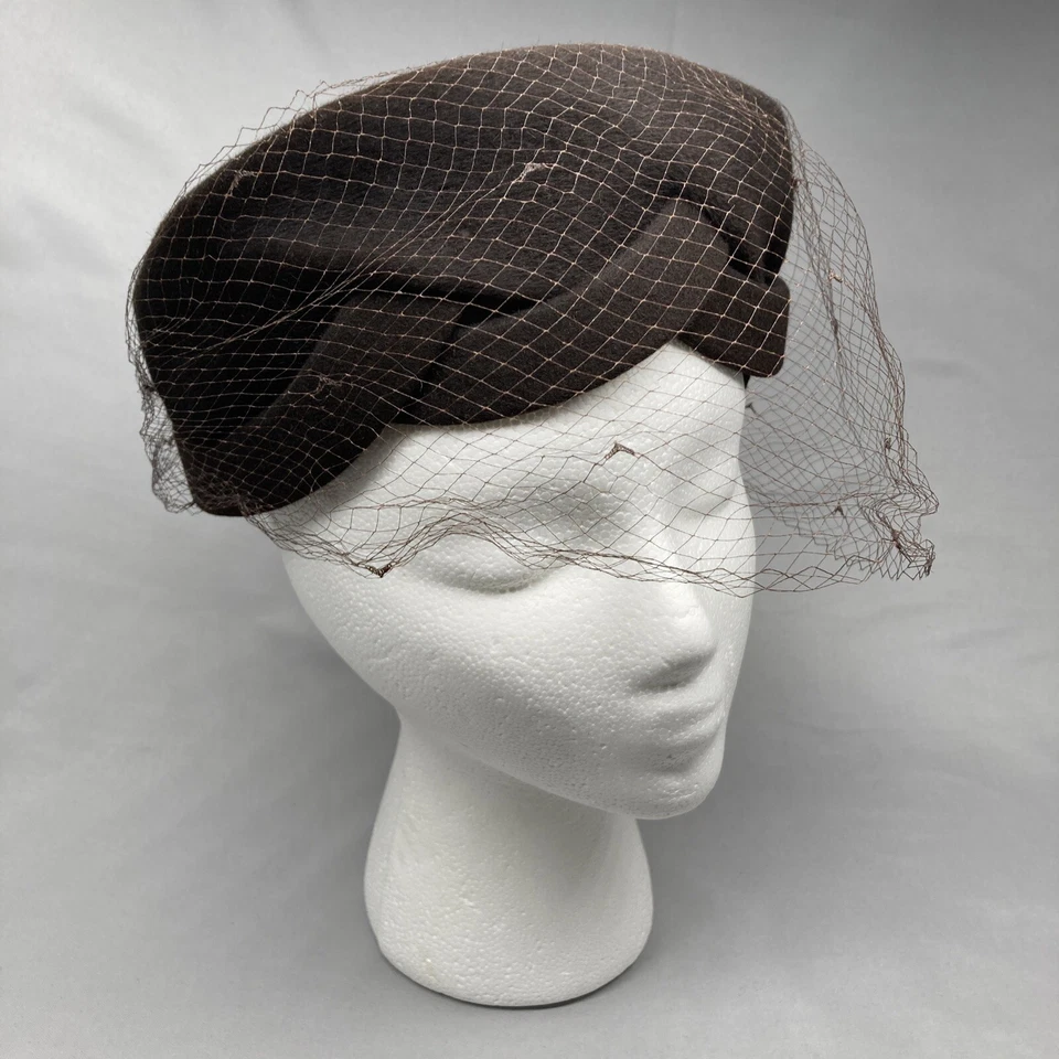 Винтажная Fleur de Lise Италия Темно-коричневая Фетровая Шляпа Шляпа Оплетка Поля Сетчатая Вуаль - Изображение 2 из 4