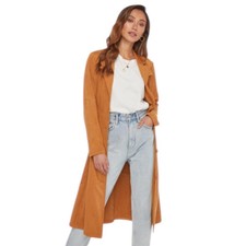 Women's Just Fab Double Breasted Faux Suede Belted Carmel Trench Coat Size Large