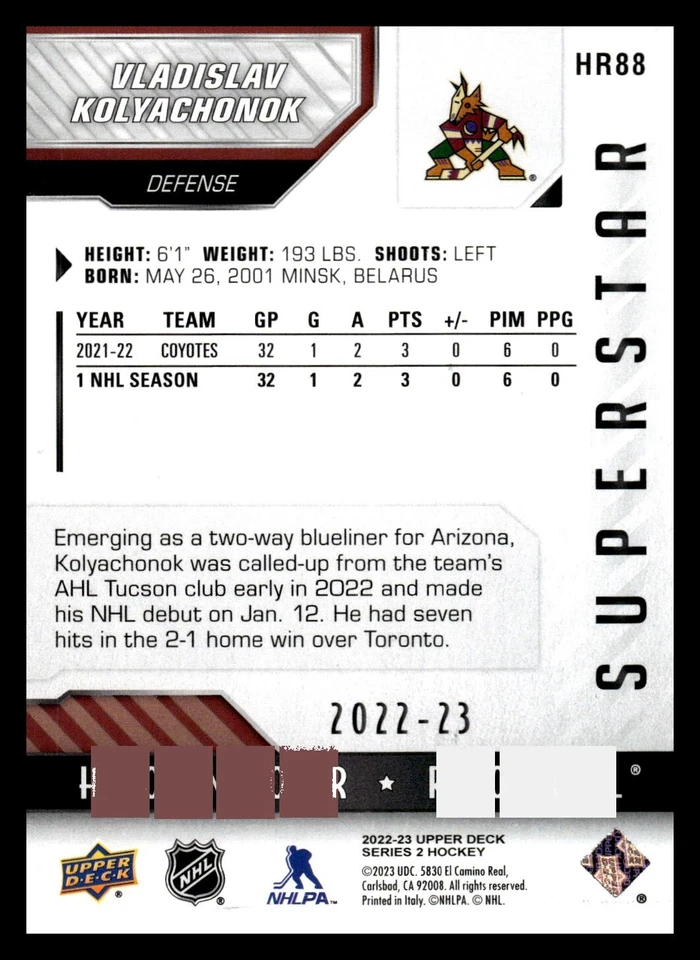 2022-23 Upper Deck Series 1 - Honor Roll #HR-88 Uladislav Kolyachovok - Image 2 of 2