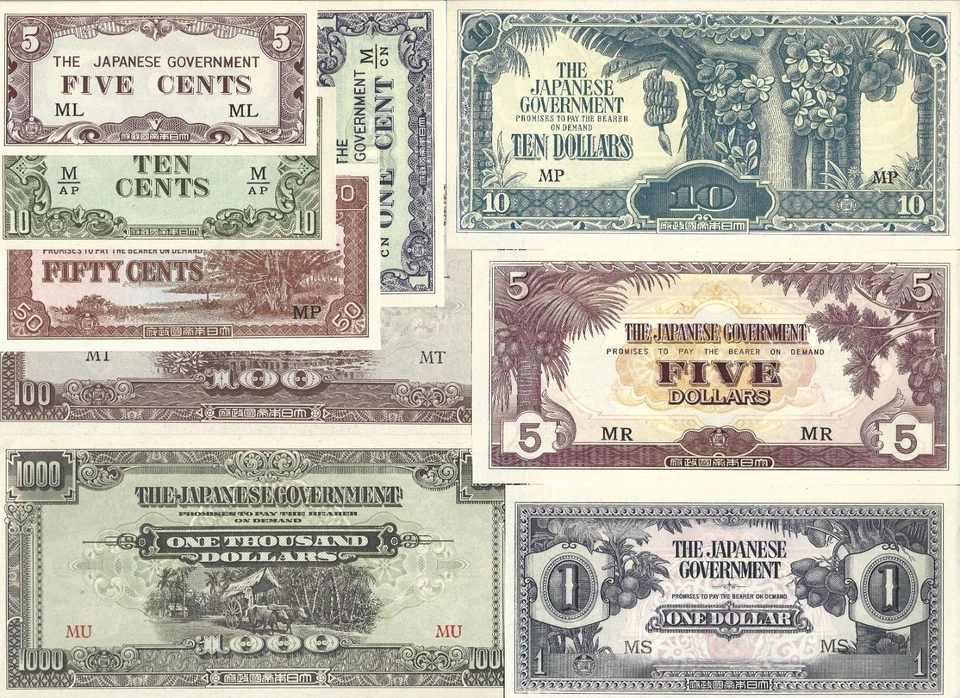 Malaya 1 5 10 50 C 1 5 10 100 1000 Dollars x 9 Pcs 1942-1945 P-M1-M10 UNC 1 SET - Image 3 of 3