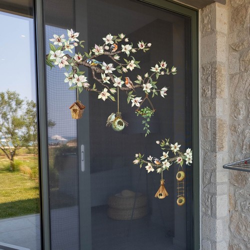 Flower Branch Window Clings Non Adhesive Birds Stickers Beautiful Glass Decals - Picture 1 of 8