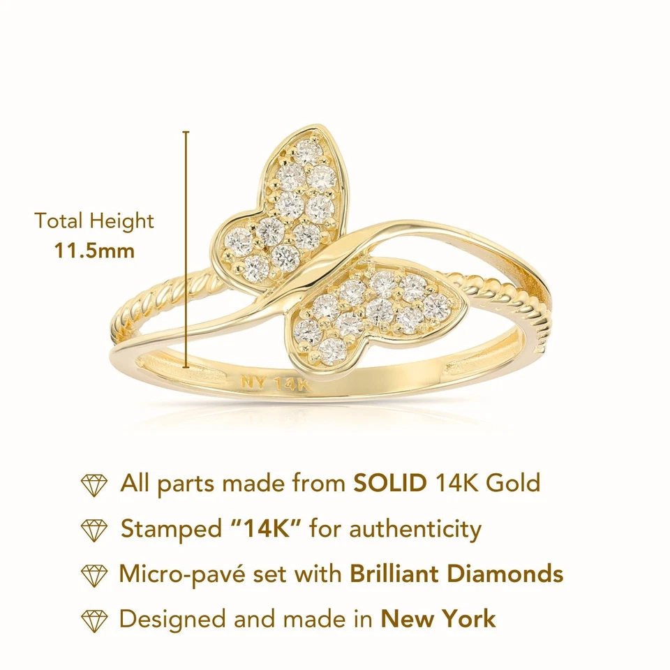 Anillo de compromiso de oro macizo real de 14 quilates de 0,18 quilates con mariposa cultivado en laboratorio Foto 4 de 4