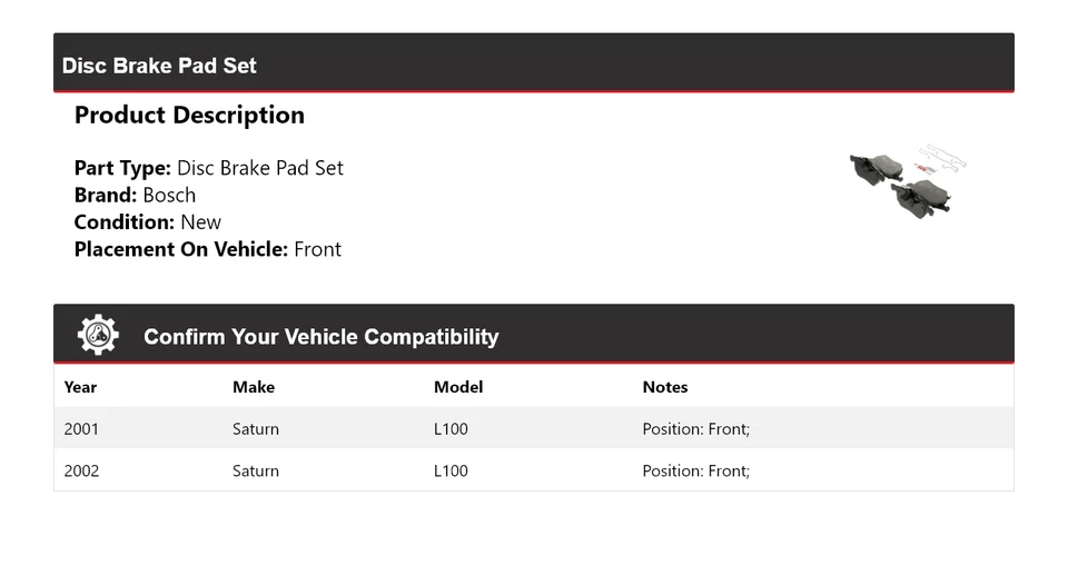 Pastillas de freno semimetálicas Bosch Saturn L100 2001-2002 con delantera HD Foto 2 de 4