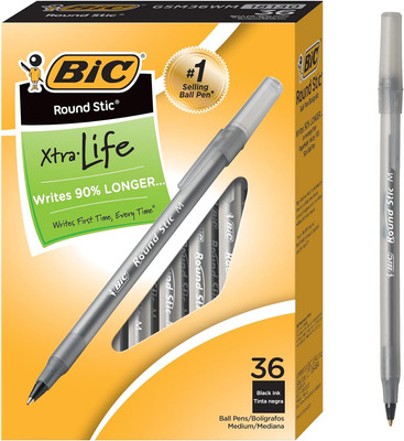 Round Stic Xtra Life Ball Point Pen, Black, 36 Pack