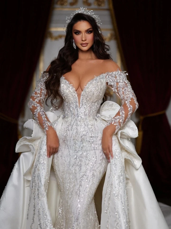 Luxury Mermaid Wedding Dresses Long Sleeved Sequin Lace Applique Bridal Gowns - Image 2 of 4