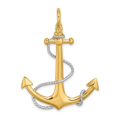 14K w/Rhodium 3-D Large Anchor w/Rope and Shackle Bail Charm Bracelet Necklace