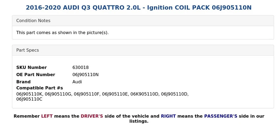 AUDI Q3 QUATTRO 2016-2020 2,0 L - Paquete de bobina de encendido 06J905110N Foto 4 de 4