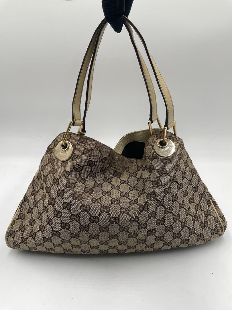 GUCCI Handbag Metal Fittings Canvas Beige Brown From Japan GUCCI Handbag Metal Fittings Canvas Beige Brown From Japan