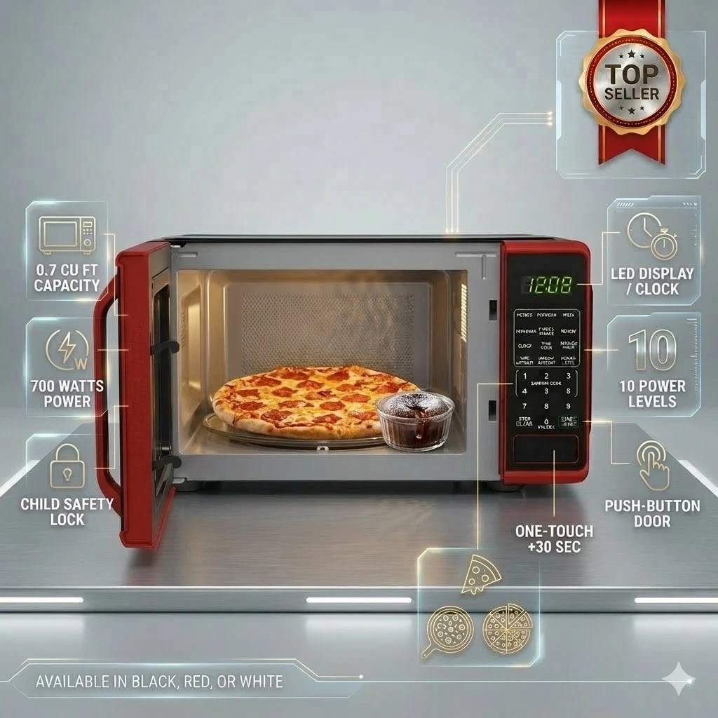 Mainstays 0.7 Cu ft Countertop Microwave Oven, 700 Watts, Red