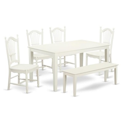 East West Furniture Capri 6-piece Wood Dining Set with Bench in Linen White